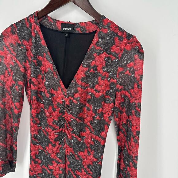 Just Cavalli Midi Dress Ruche Half Sleeve V Neck Mesh Y2K Red Black Size 40 2 - Picture 3 of 8